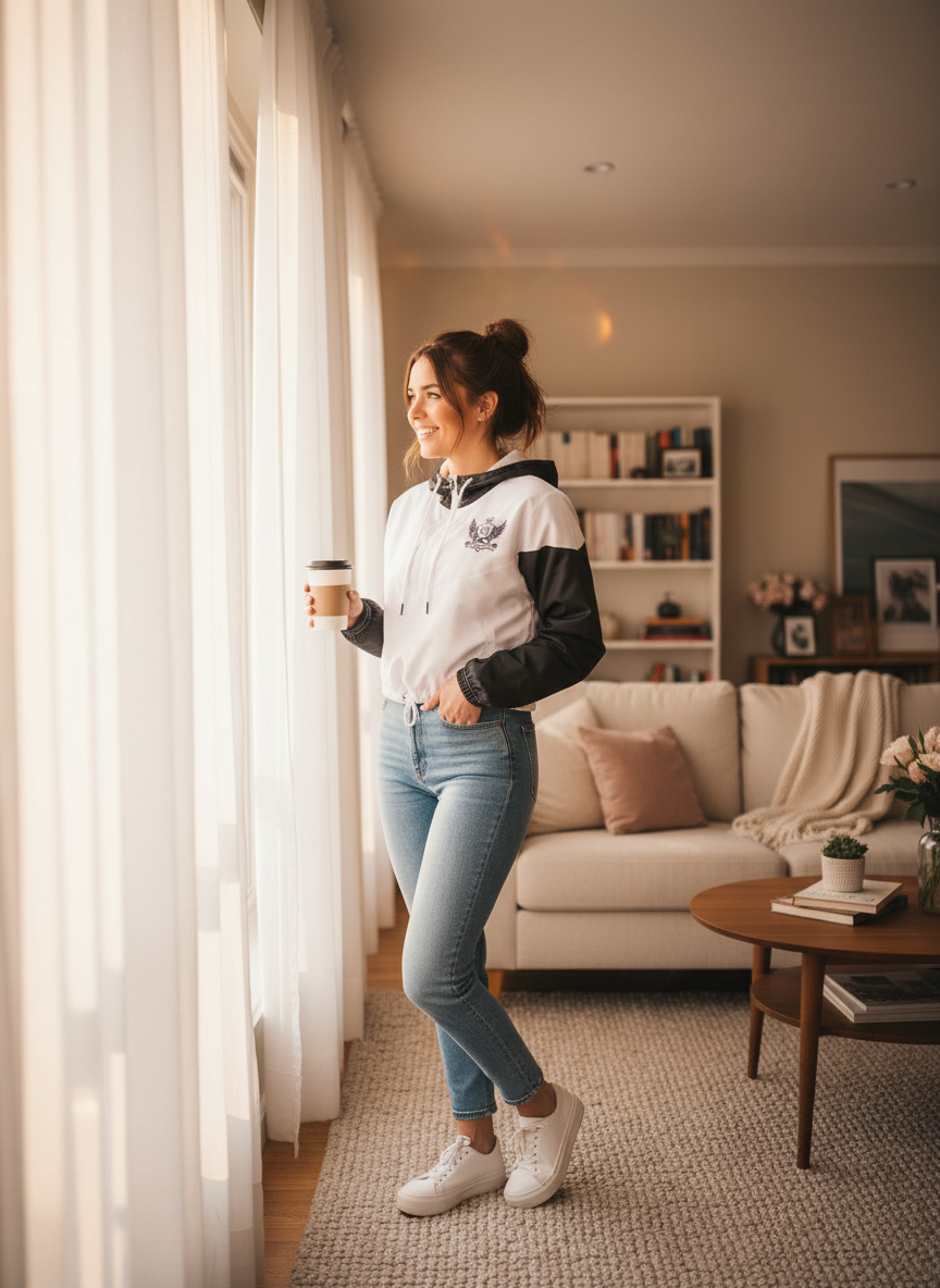 “Woman wearing JBI cropped wing windbreaker walking outdoors under cherry blossom trees.”