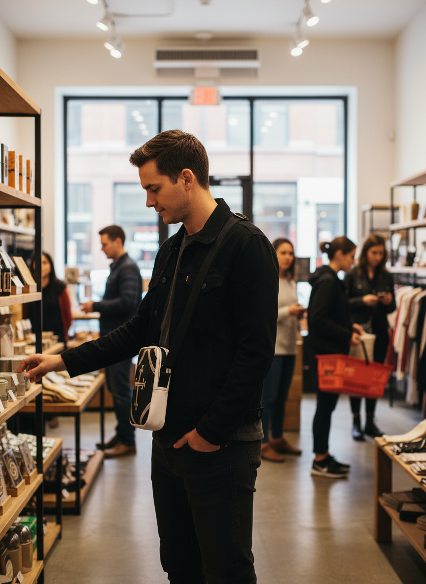 "Man wearing Kingdom Luxe Crossbody Bag with silver cross design while shopping in a store."