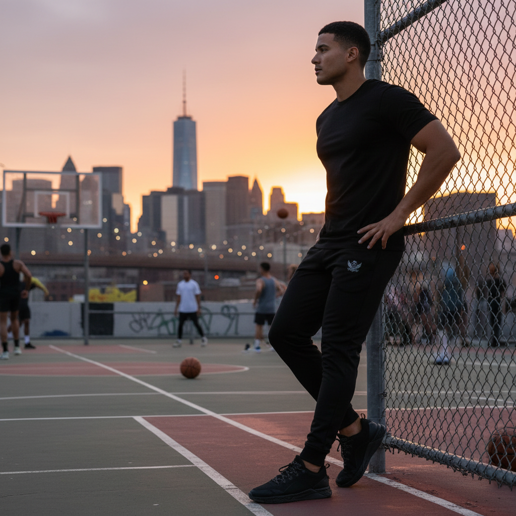 "Model wearing black joggers and a black tee, standing in front of a city skyline, showcasing an athletic, active lifestyle."