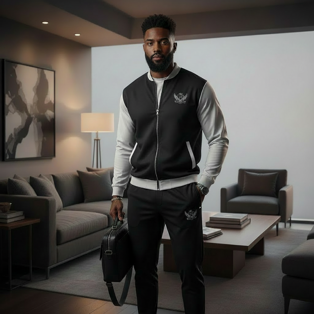 “Model wearing the JBI Wings Bomber Jacket in a modern urban setting, showing the jacket styled with black joggers for a clean street-luxury look.”