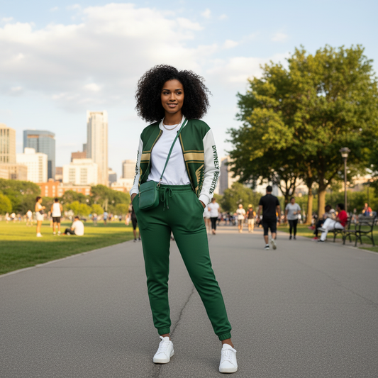 “Woman wearing the Protected by Grace green and white jacket outdoors, showcasing the gold cross design.”