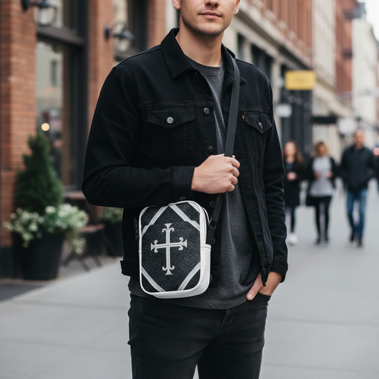 “Man wearing the Kingdom Luxe crossbody bag in an urban setting, demonstrating luxury fashion and faith-inspired design.”