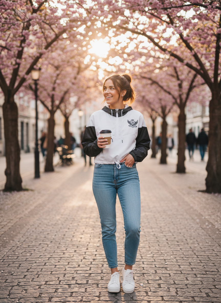 “Model wearing the JBI Wing Collection Crop Windbreaker styled for streetwear, showcasing the luxury black-and-white color blocking and signature JBI Wings branding.”