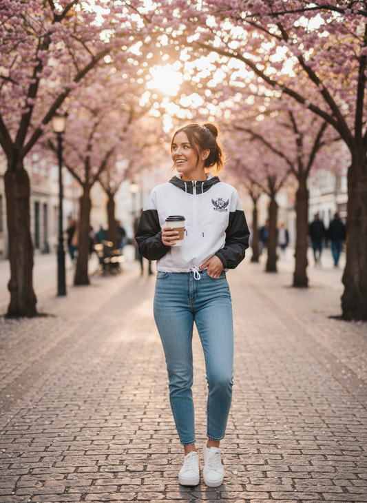 “Model wearing the JBI Wing Collection Crop Windbreaker styled for streetwear, showcasing the luxury black-and-white color blocking and signature JBI Wings branding.”