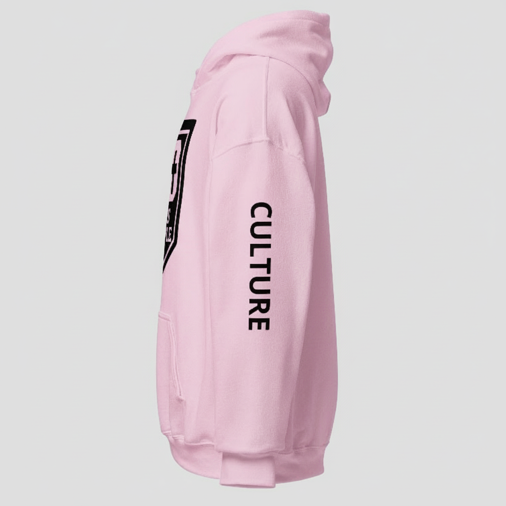 Opposite side view of pink God’s Disciple hoodie showing “CULTURE” sleeve text