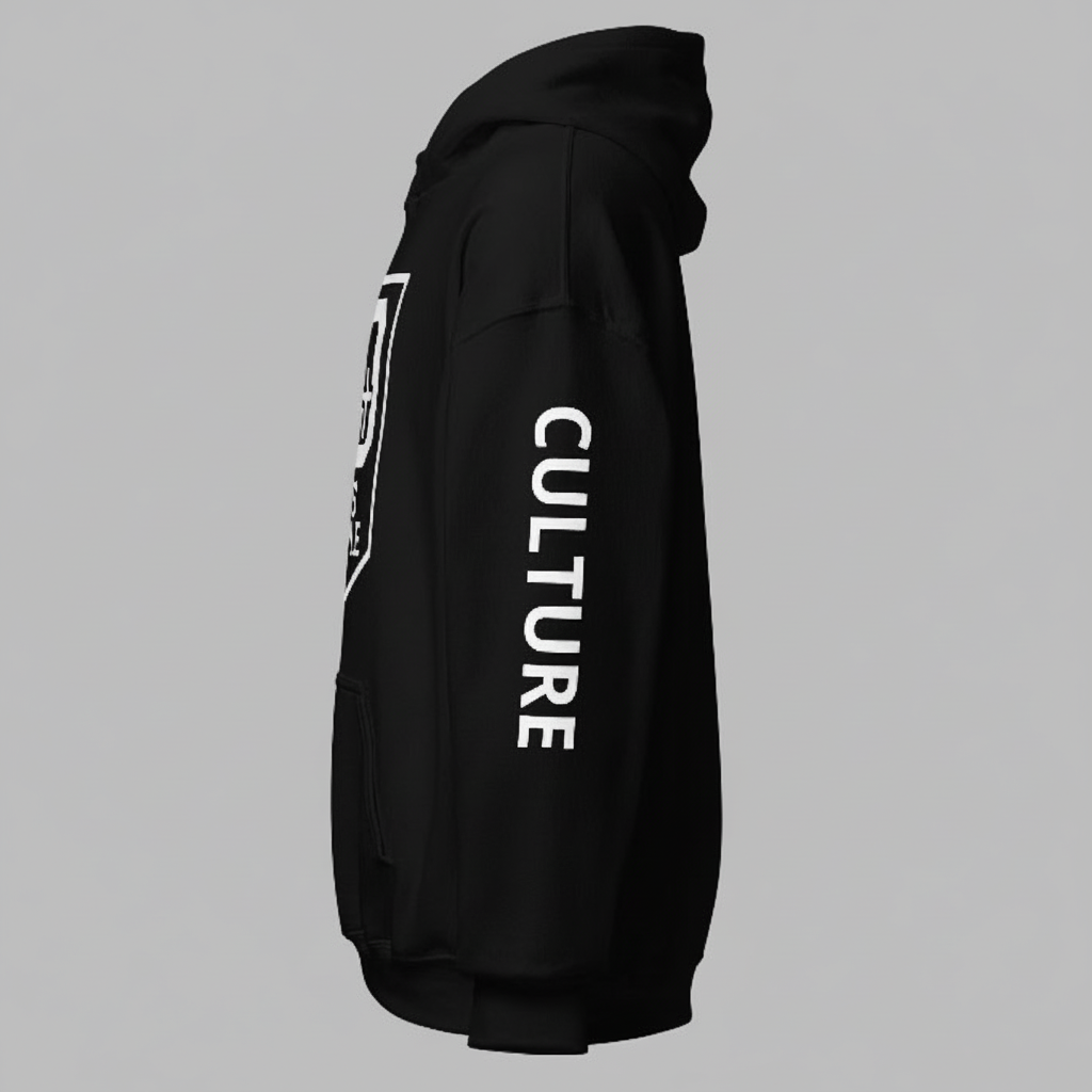 “Side view of black God’s Disciple hoodie with CULTURE sleeve print.”