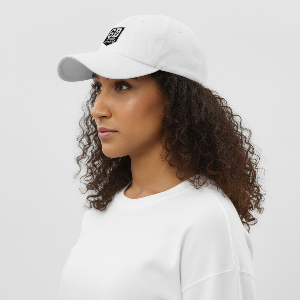 “Side view of a woman wearing a white God’s Disciple dad hat with embroidered logo.”