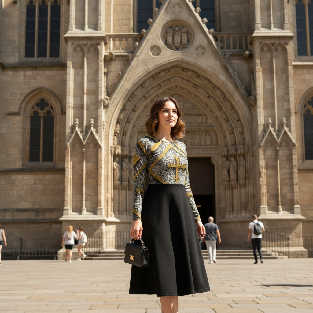 “Woman wearing the JBI Kingdom Cross Couture Dress standing in front of cathedral-style architecture.”