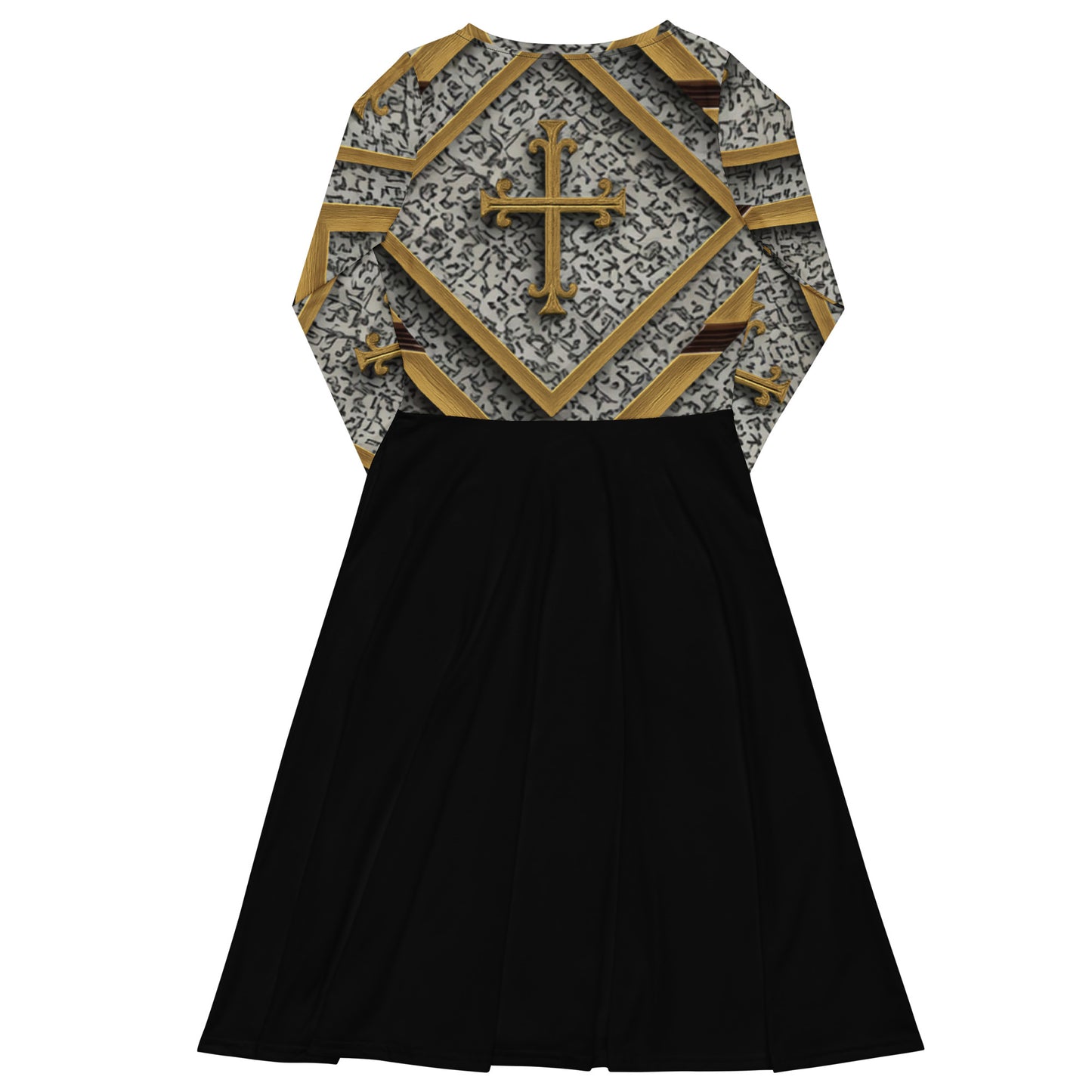 JBI Apparel long sleeve midi dress black and gold front view