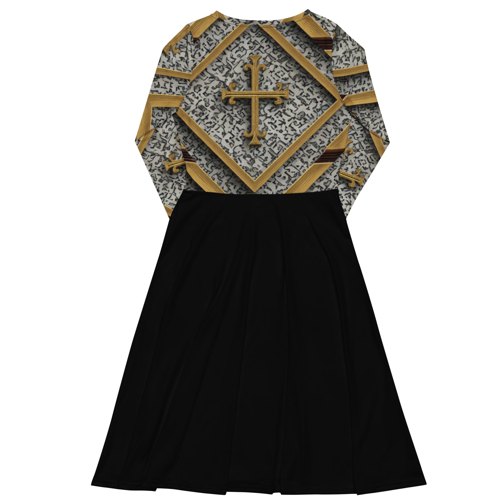 JBI Apparel long sleeve midi dress black and gold front view
