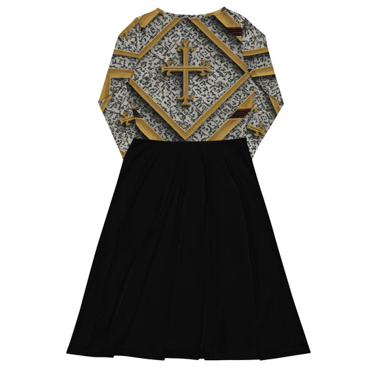 JBI Apparel long sleeve midi dress black and gold front view