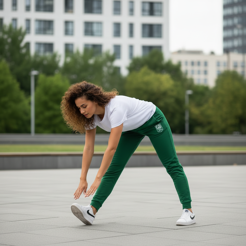 "Model stretching in God's Disciple Green Joggers and white tee, demonstrating flexibility and comfort. The joggers are designed for active wear, providing both style and movement in an urban outdoor setting."