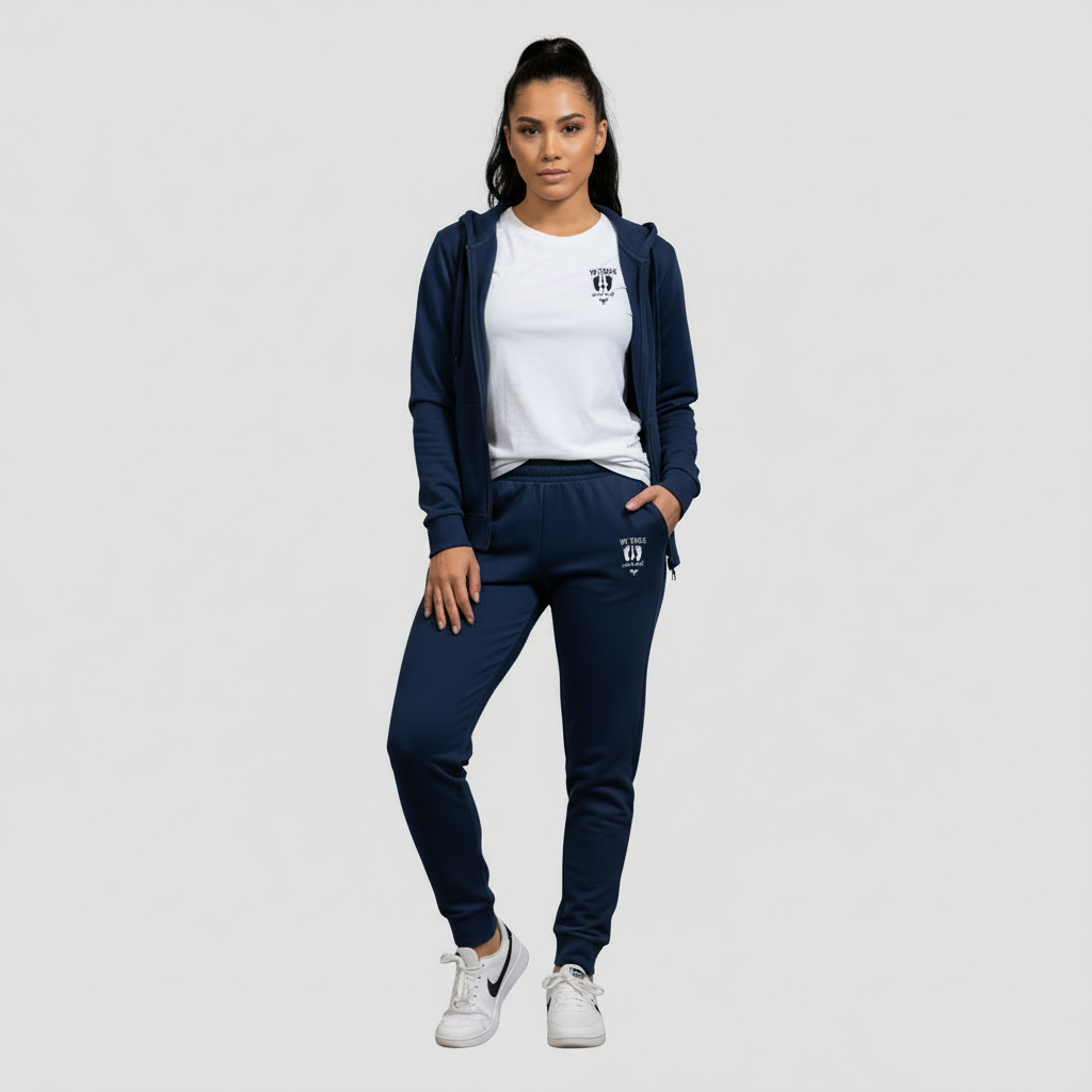 “Front view of woman wearing navy 10 Toes Down joggers and matching hoodie.”