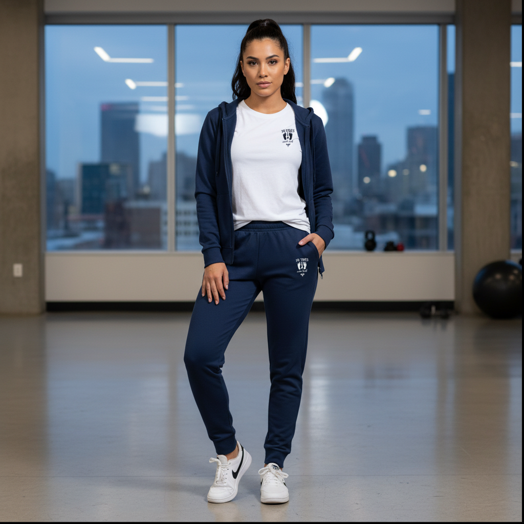 “Woman wearing navy 10 Toes Down jogger set standing confidently in a modern indoor space.”