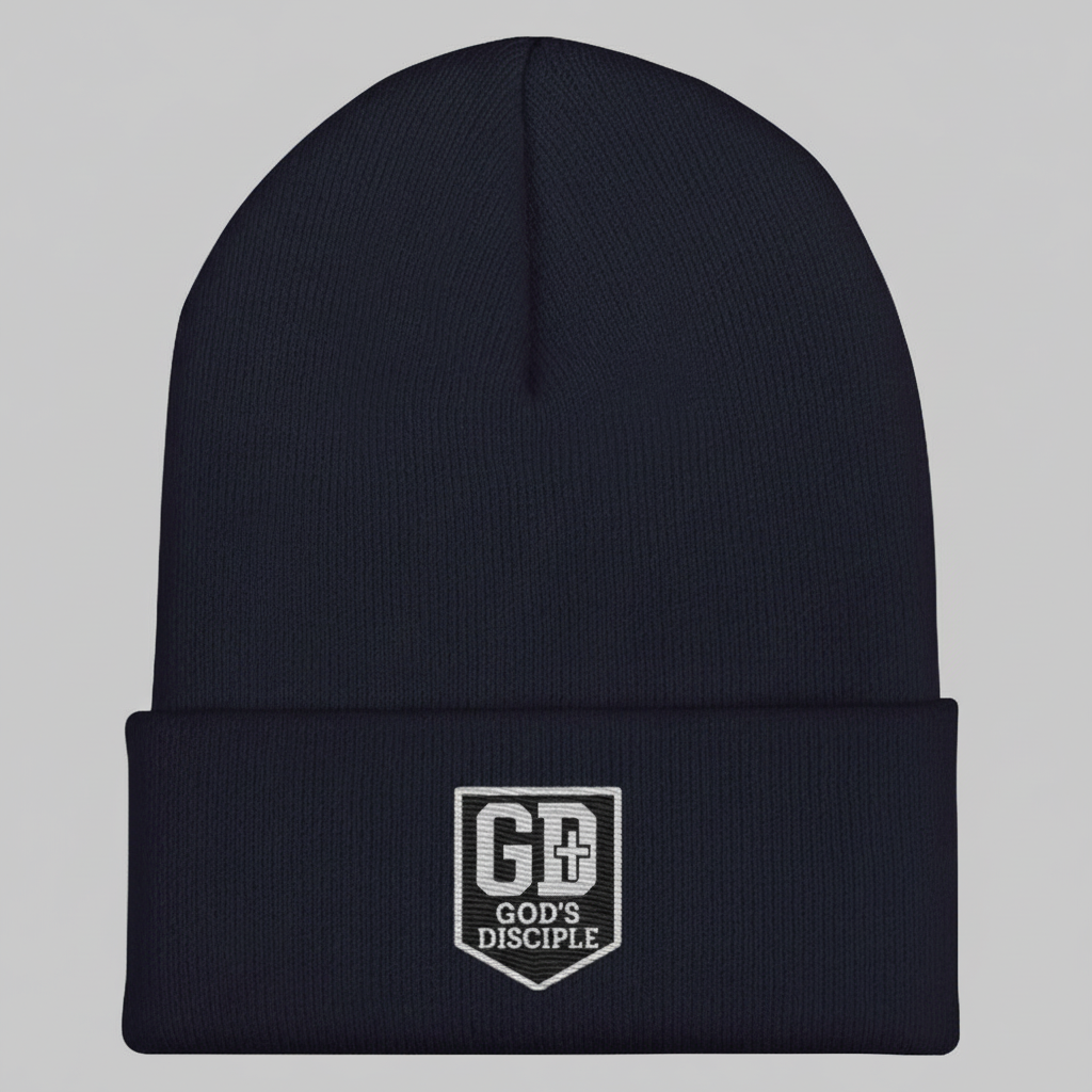Navy: “God’s Disciple navy knit beanie with embroidered GD shield logo.”