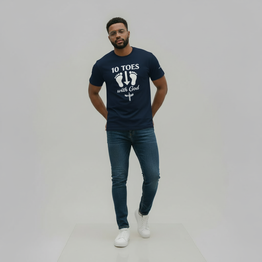 “Man wearing the 10 Toes Down With God navy blue t-shirt in studio lighting.”