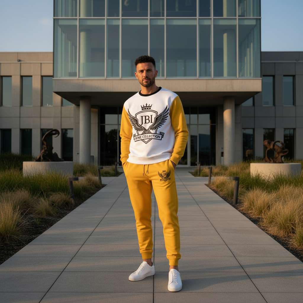 “Model wearing JBI Wing Collection long sleeve and joggers outdoors, showcasing luxury Kingdomwear in a real-world setting.”