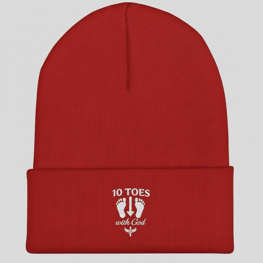 “Red 10 Toes Down beanie with white embroidered feet and text logo.”