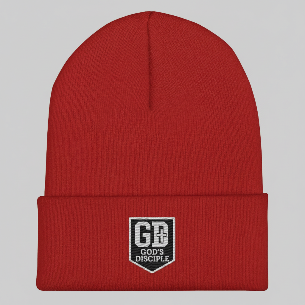 Red: “God’s Disciple red knit beanie with embroidered GD shield logo.”
