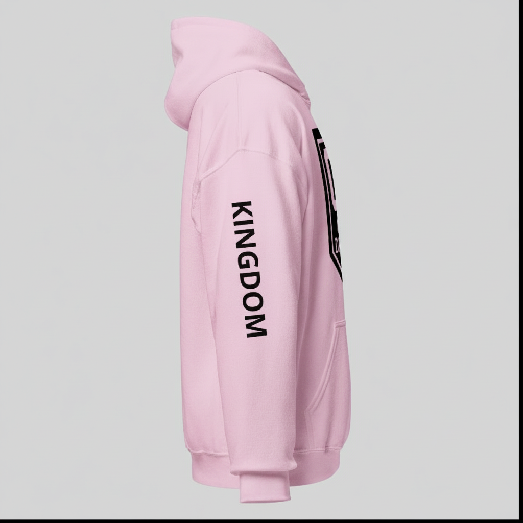 Right view of pink GD hoodie with Kingdom on the sleeve printed in black 