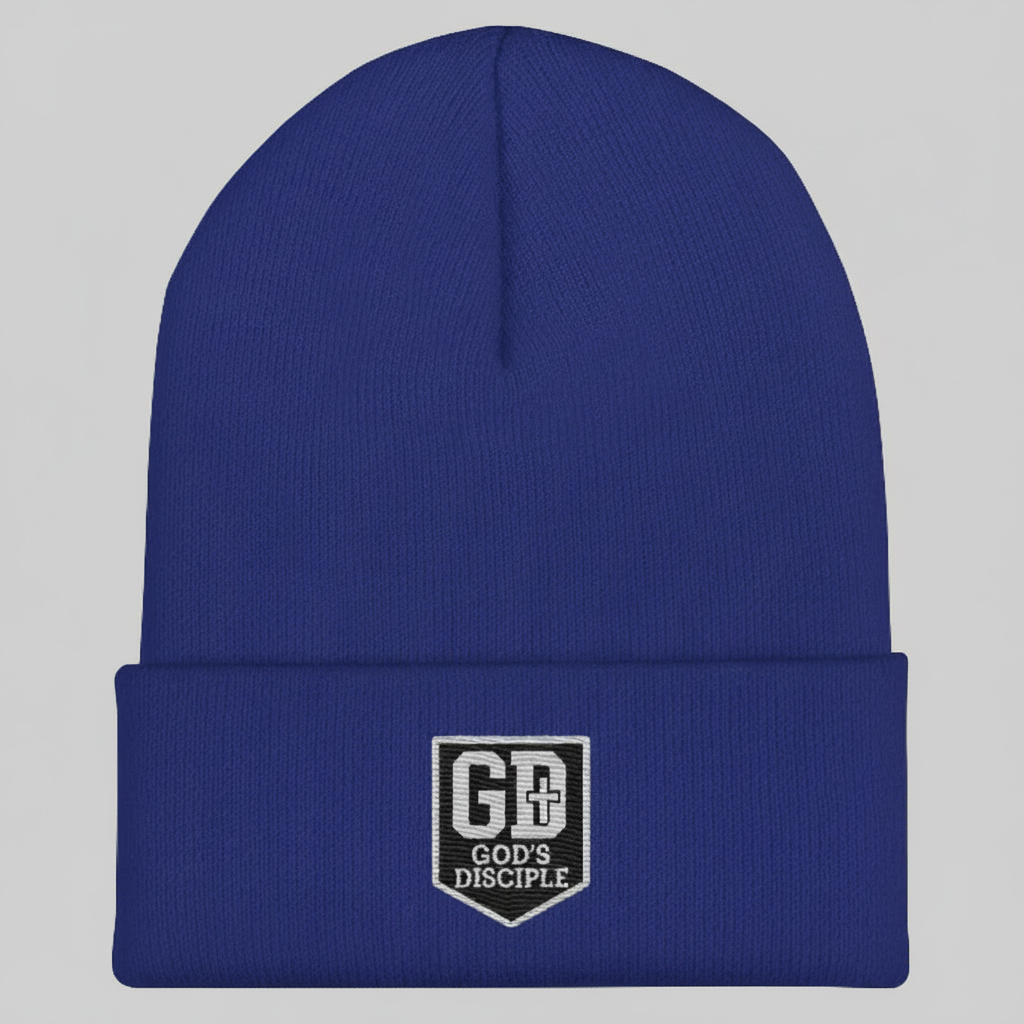 Royal Blue: “God’s Disciple royal blue knit beanie with embroidered GD shield logo.”