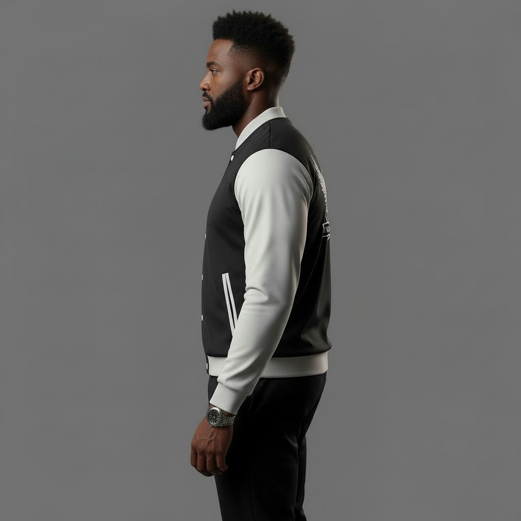 “Side view of the JBI Wings Bomber Jacket in black and white, showing the sleek fit and signature wings crest on the chest.”