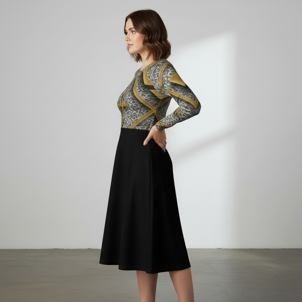 “Side view of woman wearing the JBI Kingdom Cross Couture Dress.”