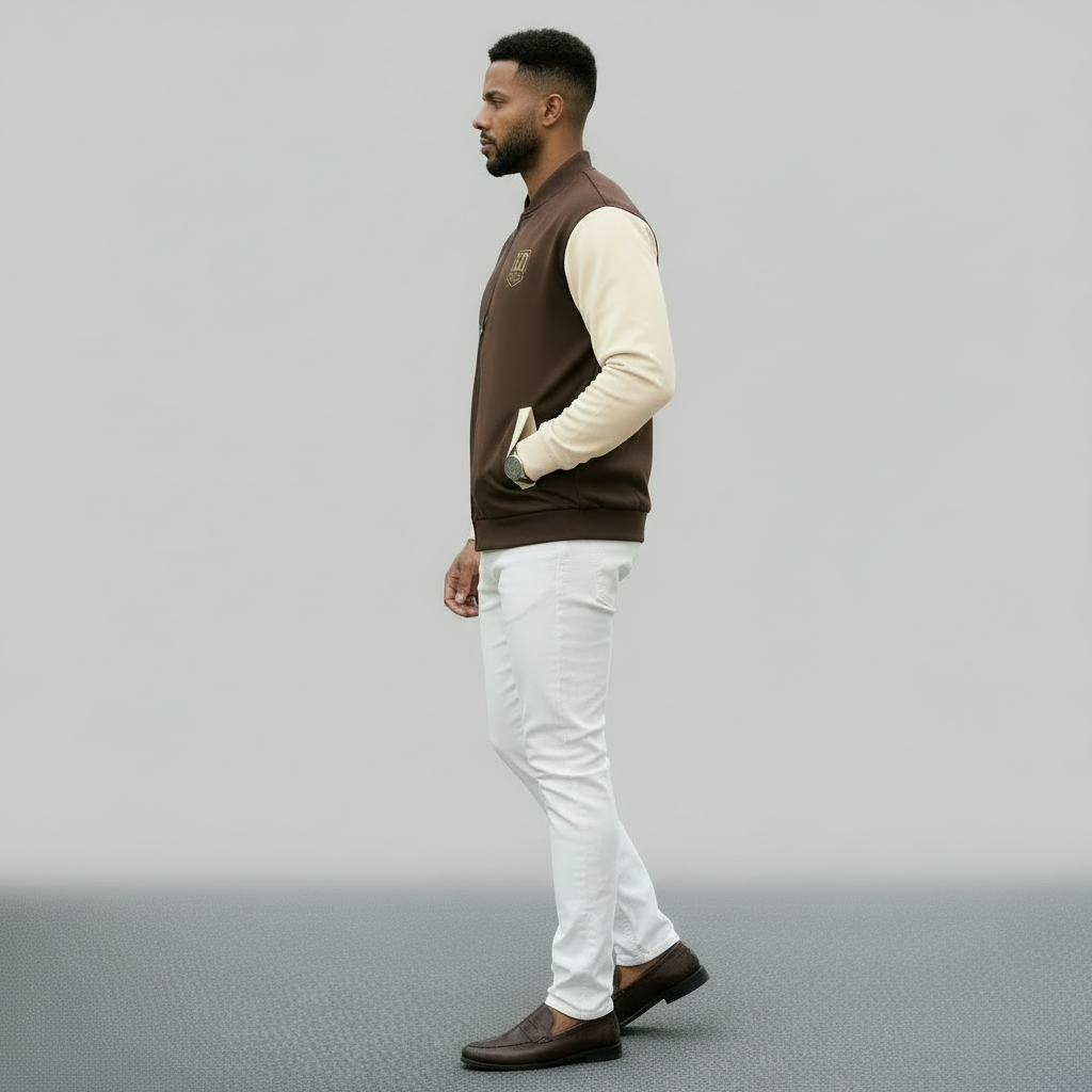“Side view of man wearing the God’s Disciple brown and cream bomber jacket.”