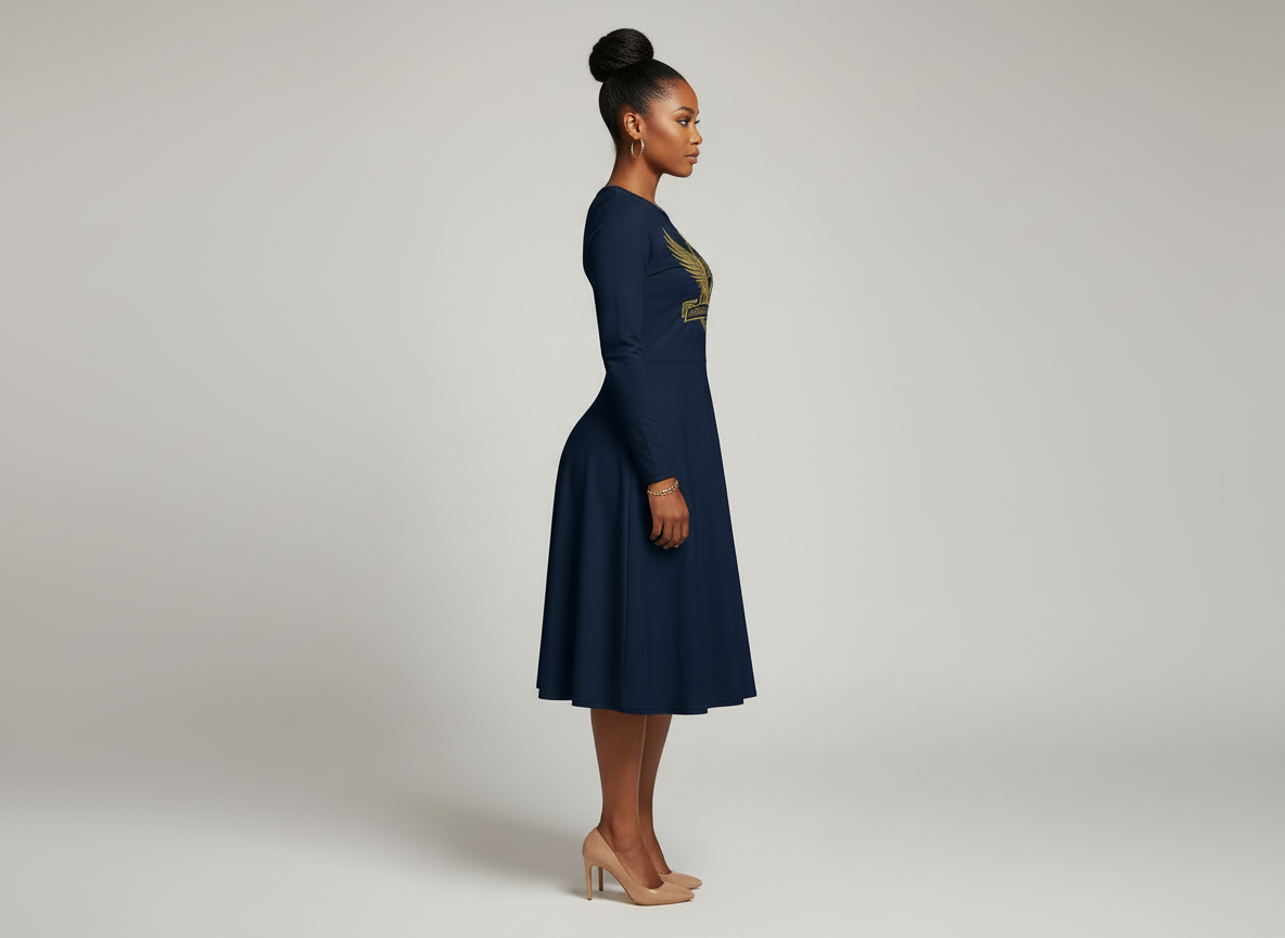 “Sideview of Navy long-sleeve JBI Wing Collection women’s midi dress with gold crest, fitted waist, flared skirt, and elegant Kingdomwear design.”