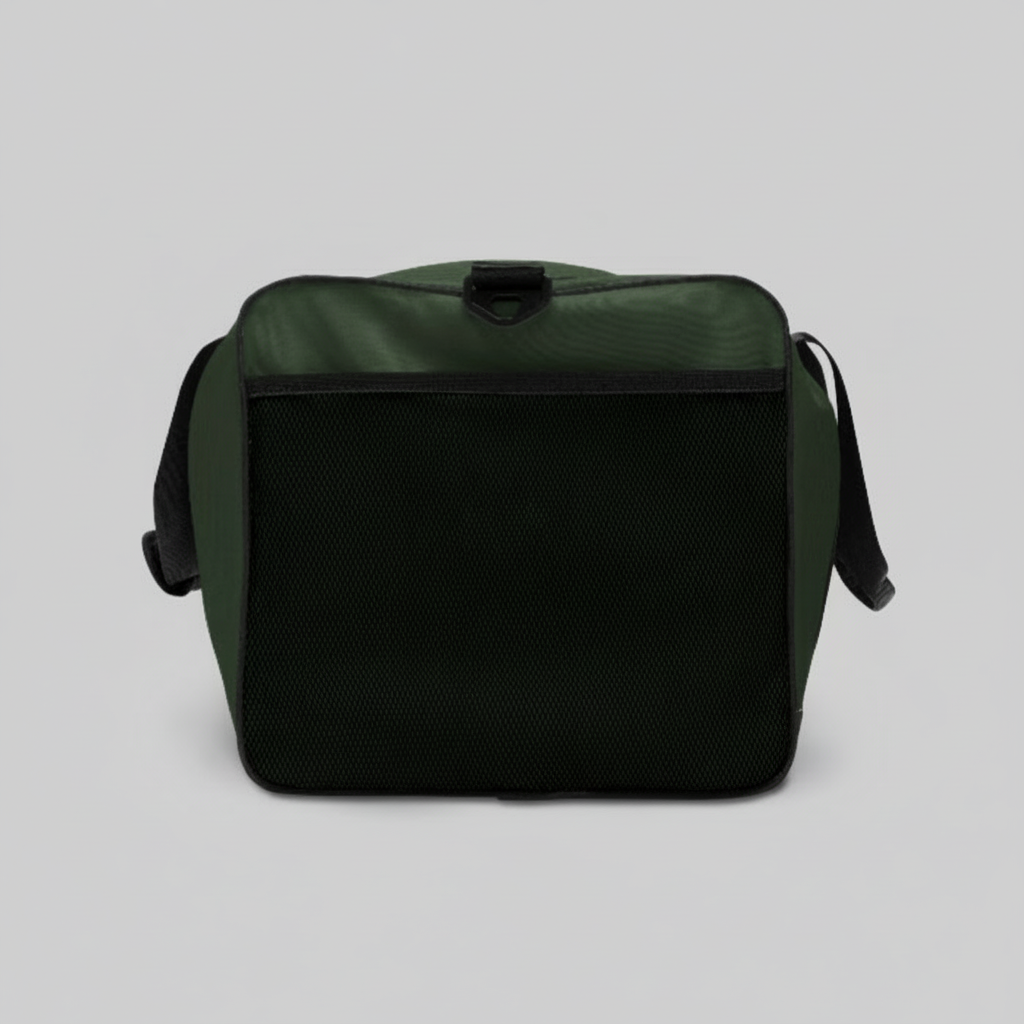 “Side view of the green 10 Toes Down duffle bag.”