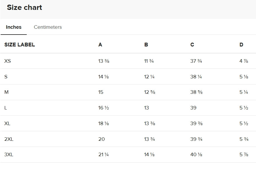 “Size chart for the JBI Wing Collection joggers.”