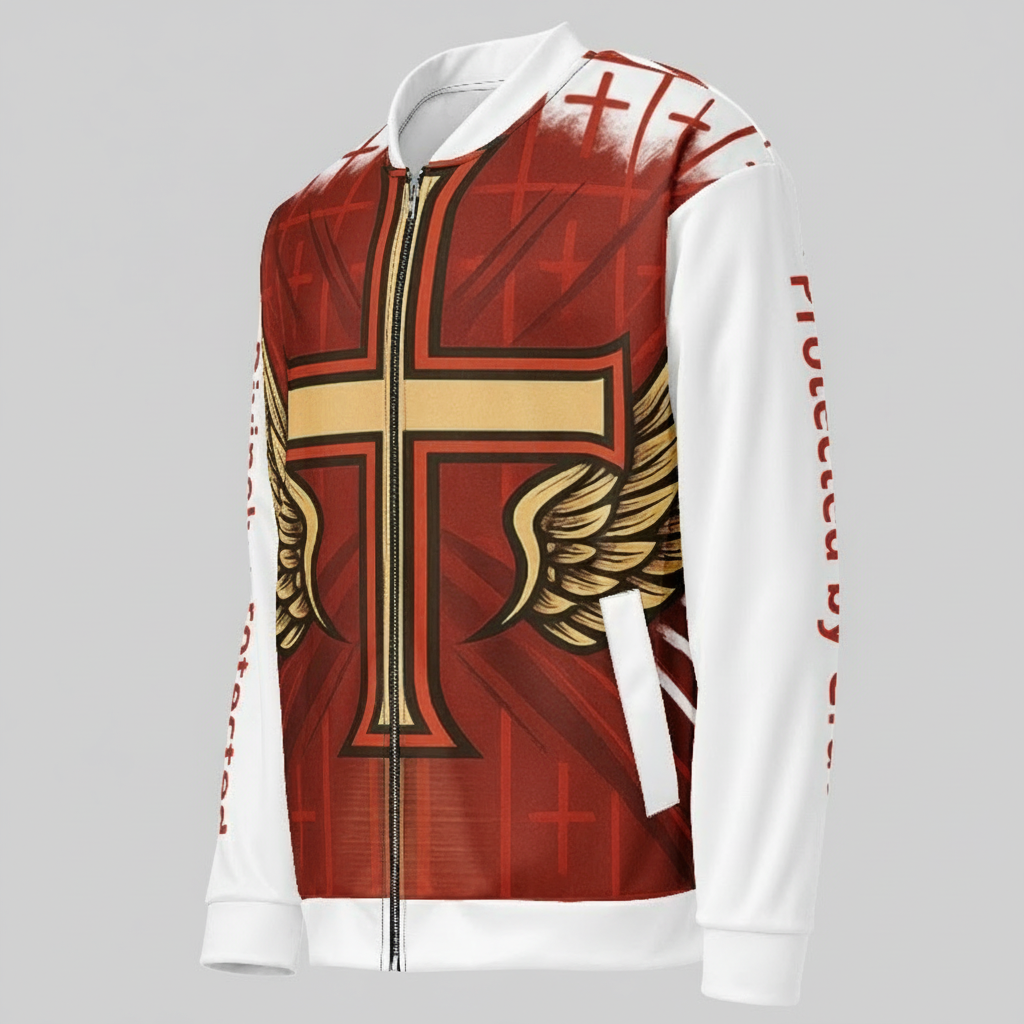 Side view of red and white cross jacket showing wing and sleeve details