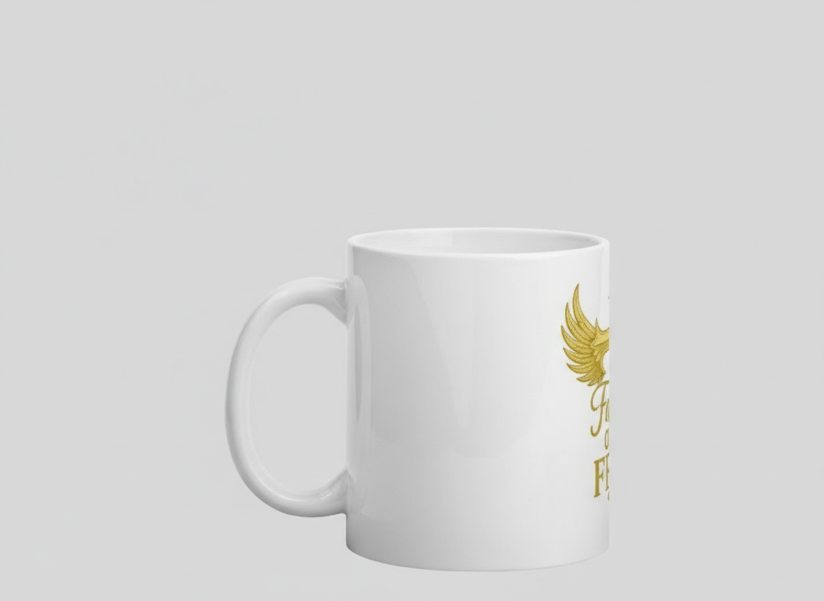 “White Faith Over Fear mug with gold winged cross on a clean tabletop.”