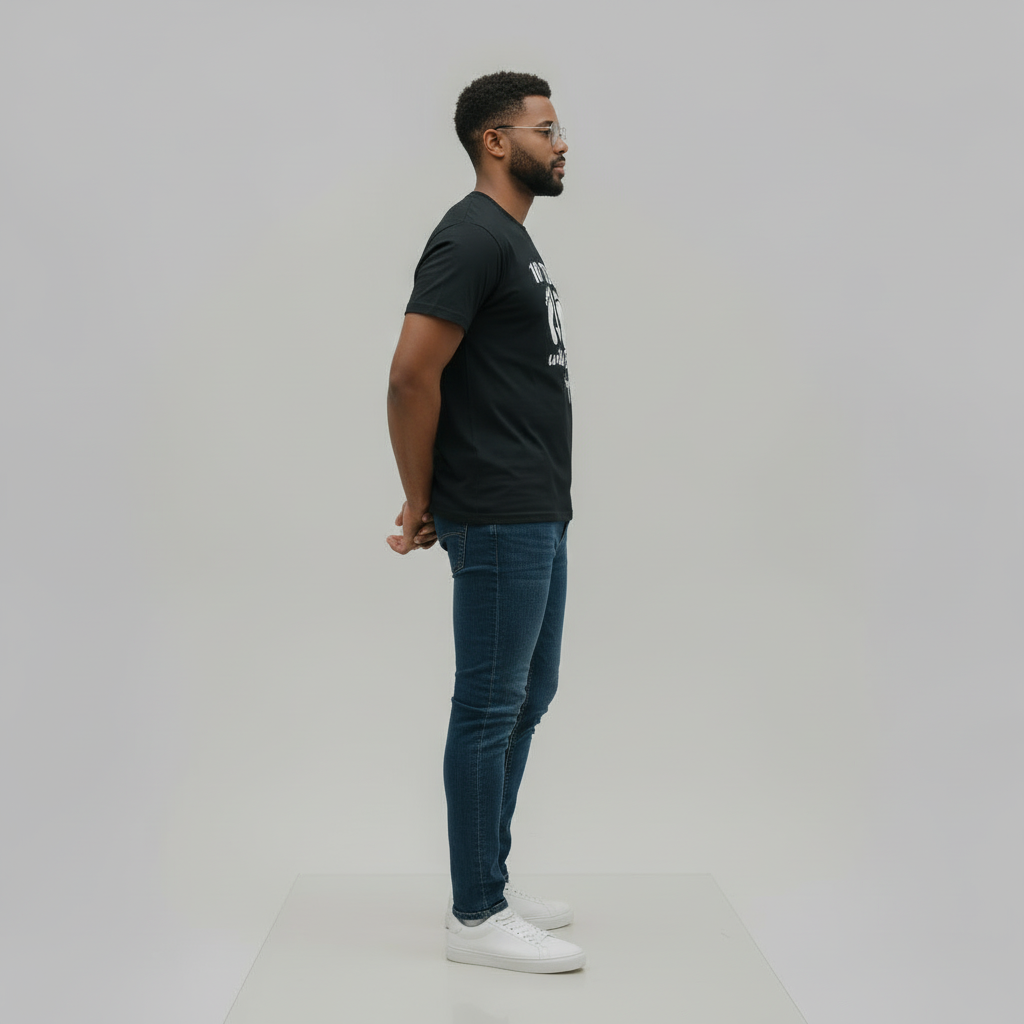 “Side profile of man wearing the 10 Toes Down With God t-shirt, modern slim fit.”