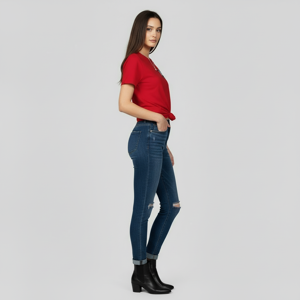 “Side view of woman wearing red JBI fitted tee and jeans.”