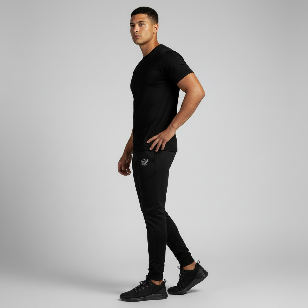 "Side view of the model wearing black joggers with JBI logo, highlighting the joggers' fit and sleek design."