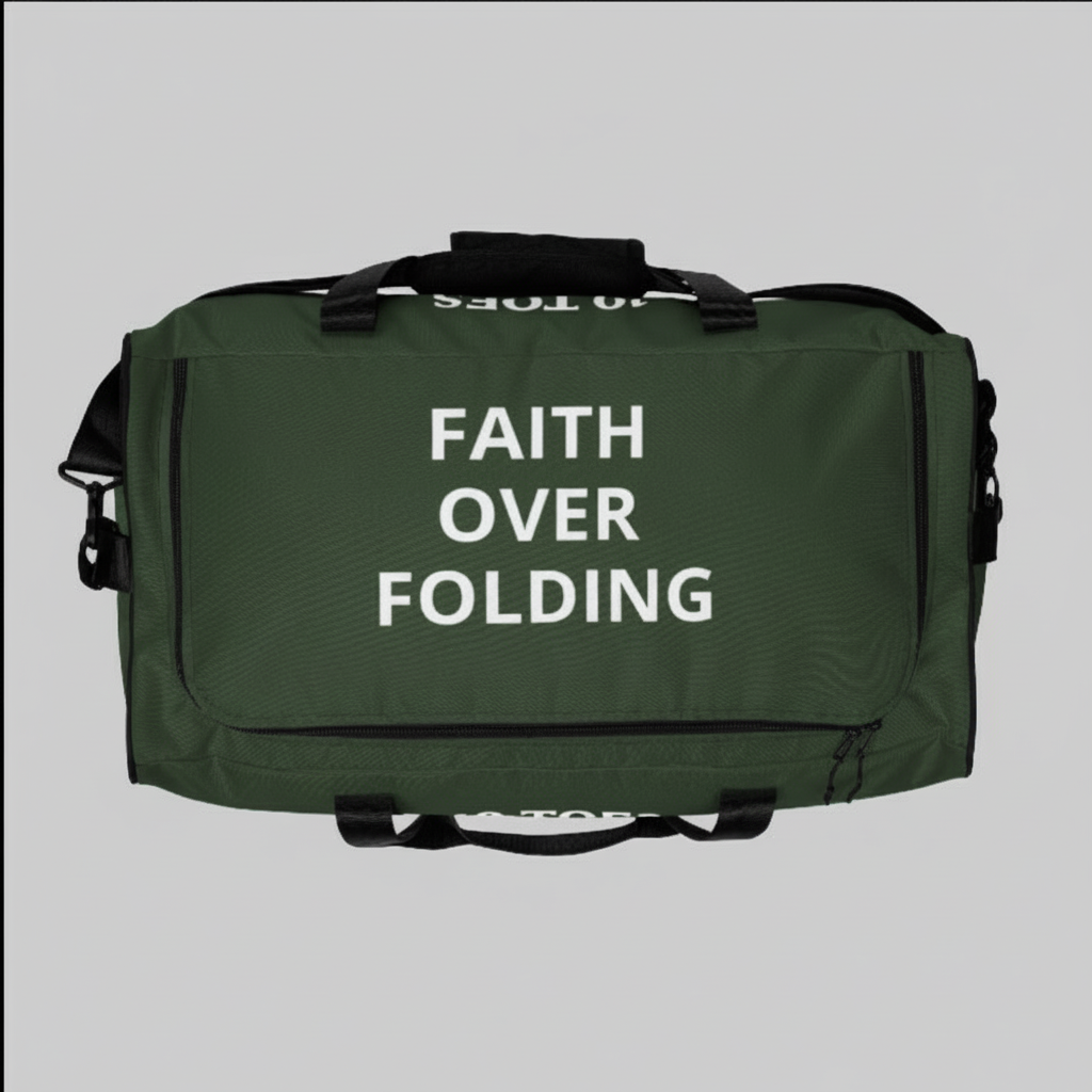 “Top view of the green duffle bag with the Faith Over Folding design.