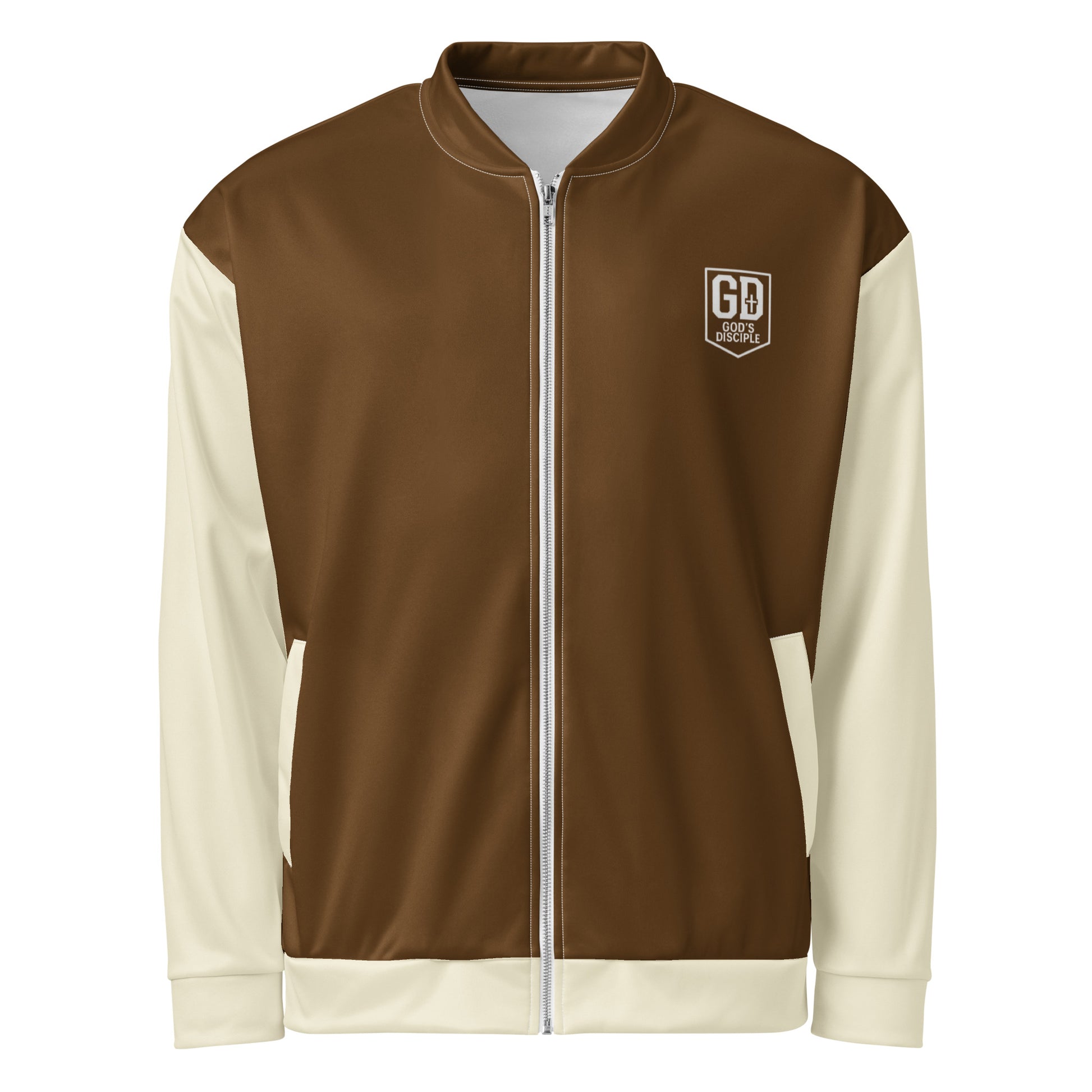 JBI Apparel unisex bomber jacket brown and cream front view