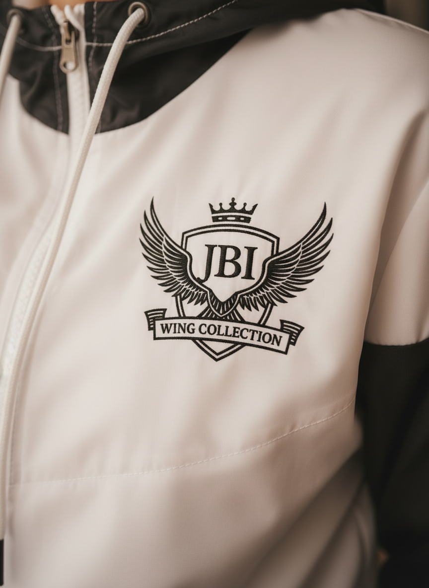 “Close-up of the JBI Wing Collection crest logo printed on the black-and-white cropped windbreaker.”