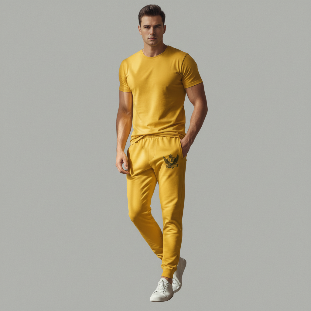 “Front view of yellow JBI Wing Collection joggers with tapered athletic fit and wing crest logo.”
