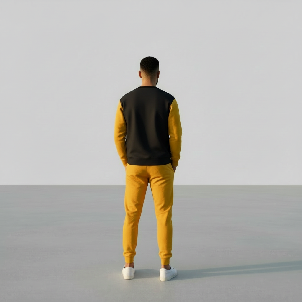 “Back view of JBI Wing Collection long sleeve in white and black with yellow sleeves, paired with matching joggers.”