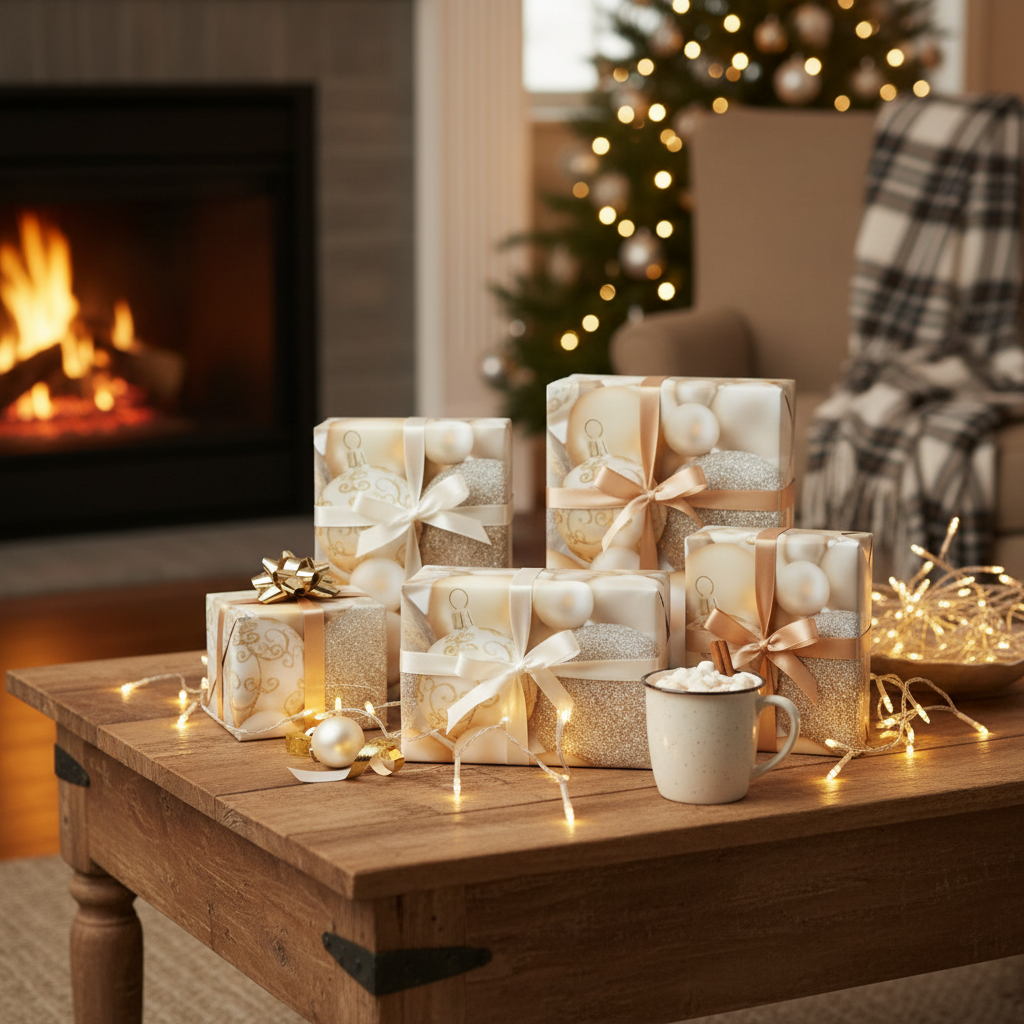 Gold and white Christmas gift boxes with satin bows displayed on a wooden coffee table, with warm string lights, a mug of hot cocoa, a glowing fireplace, and a decorated Christmas tree in the background.