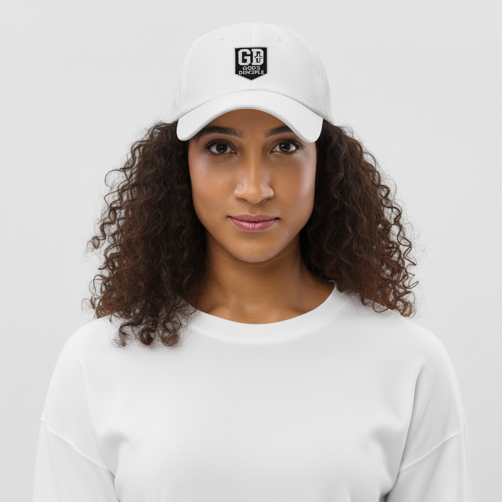 “Woman wearing a white God’s Disciple dad hat with black embroidered GD shield logo.”