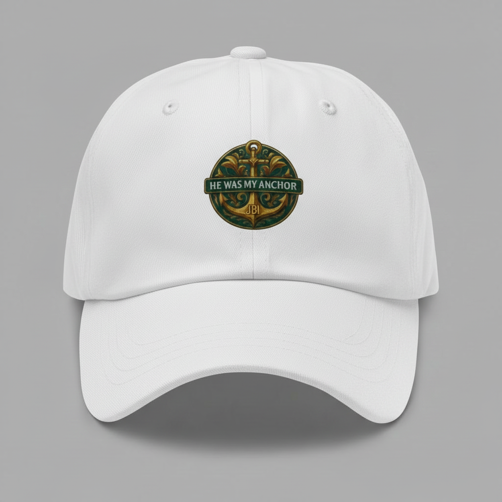 White dad hat with green and gold "Protected by Grace" emblem.