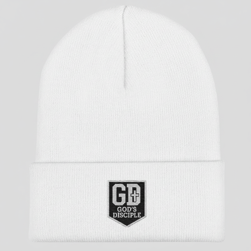 White: “God’s Disciple white knit beanie with embroidered GD shield logo.”