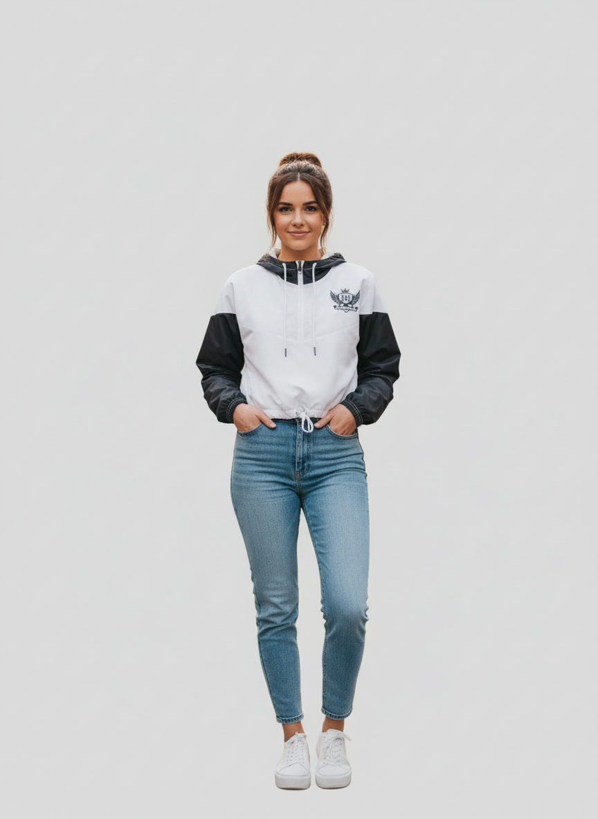 “Front view of women's black-and-white cropped JBI Wings windbreaker with adjustable hem.”