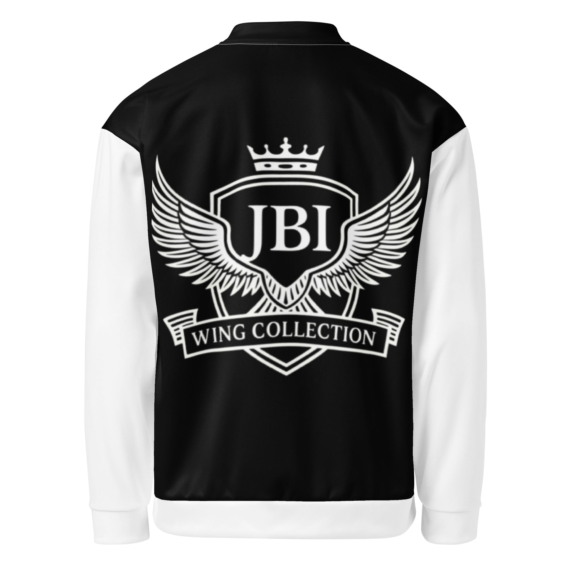 JBI Wing unisex bomber jacket black and white back view
