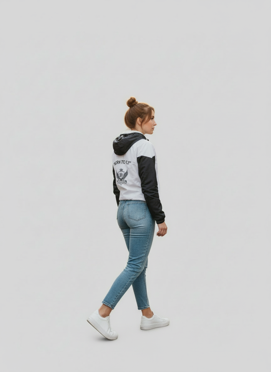 Side view of women’s cropped JBI windbreaker showing black sleeves and tapered silhouette.”