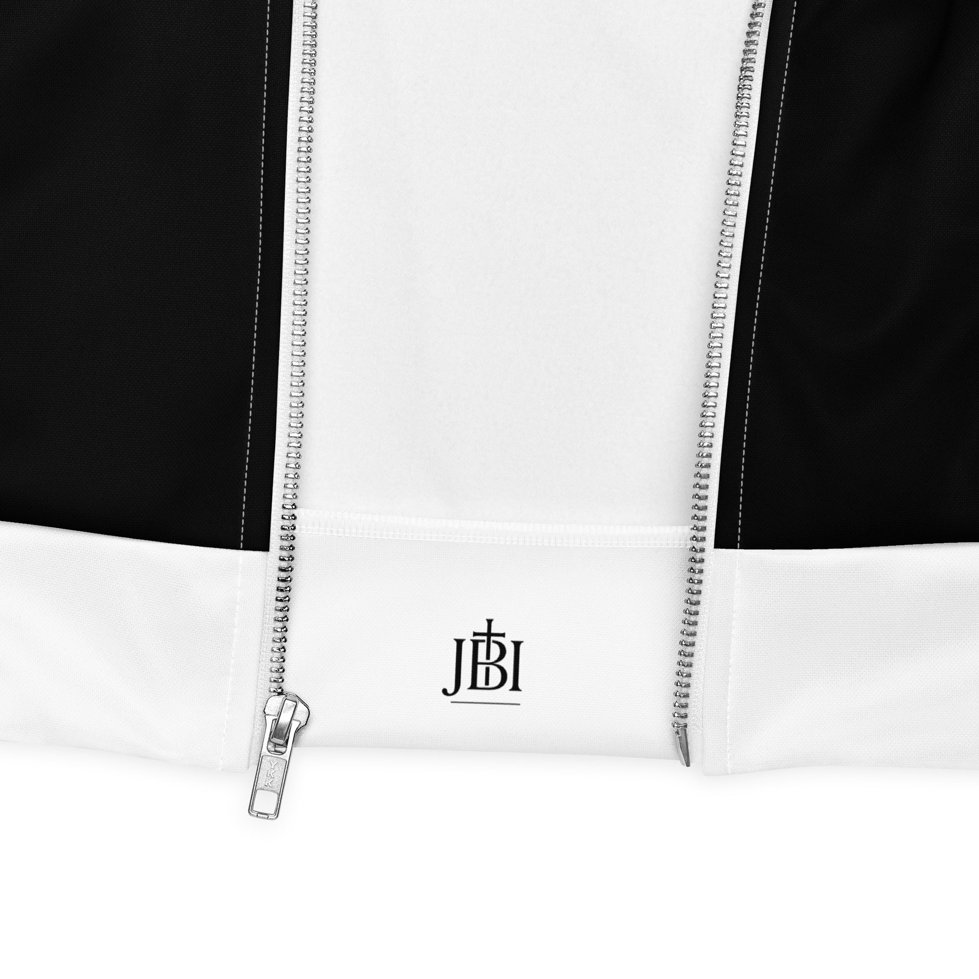 JBI Wing unisex bomber jacket black and white zipper detail
