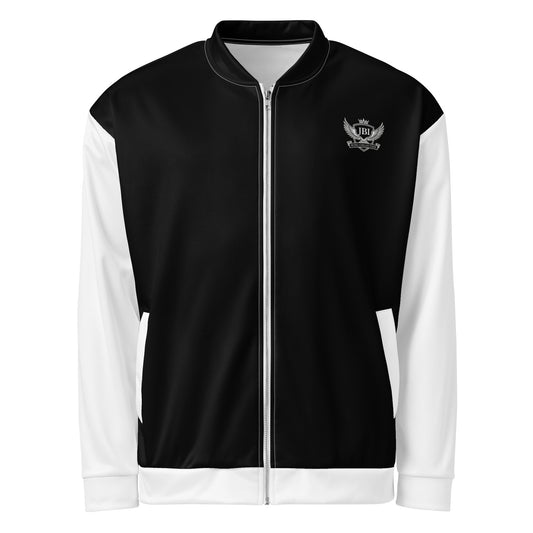 JBI Wing unisex bomber jacket black and white front view
